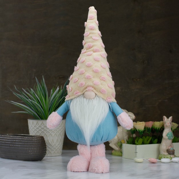 Blue And Pink Standing Spring Plush Gnome Figure With A Polka Dot Hat