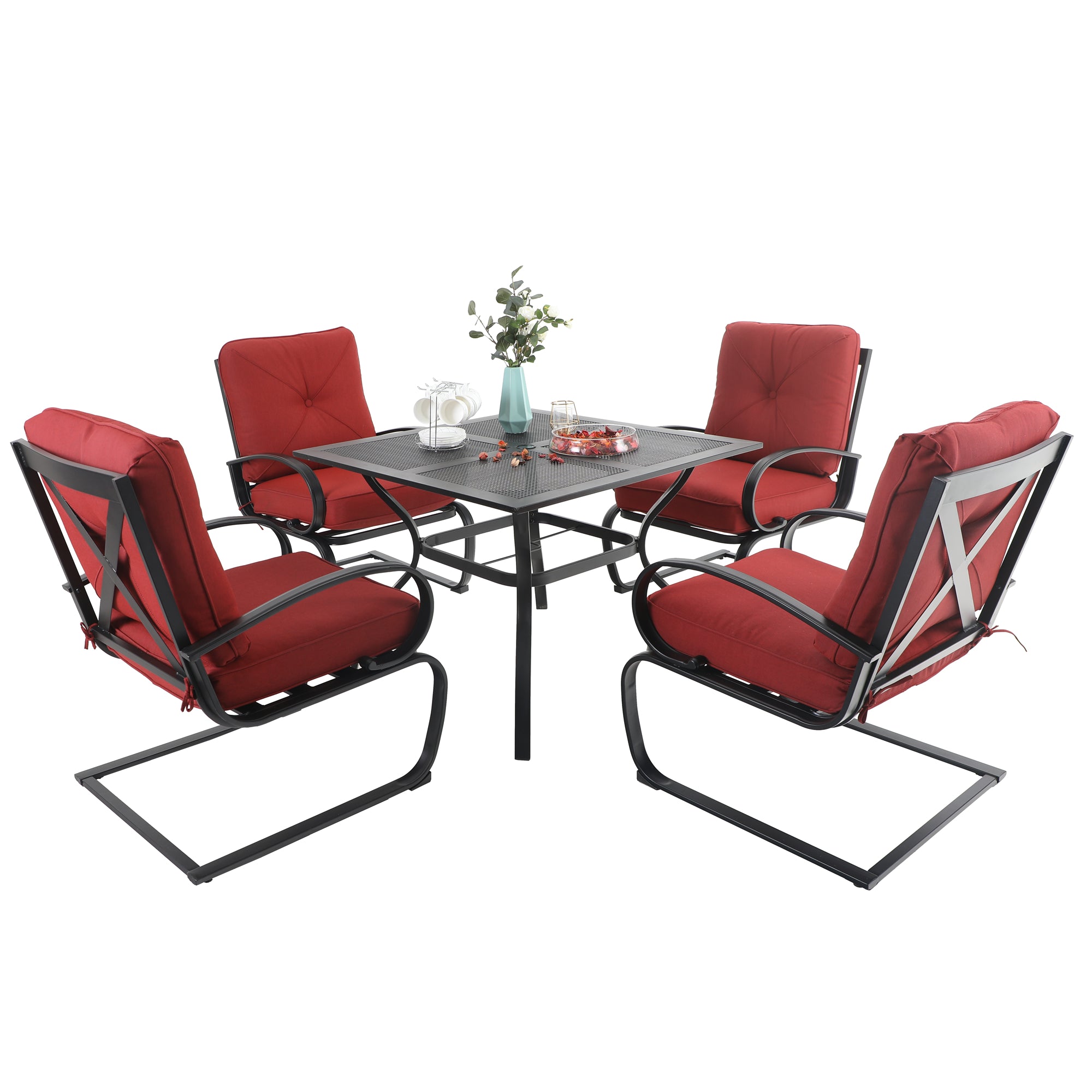 MF Studio 5PCS Outdoor Dining Set with  Cushioned C-Spring Rocking Chairs and Square Mesh Table Modern Furniture for Patio, Red