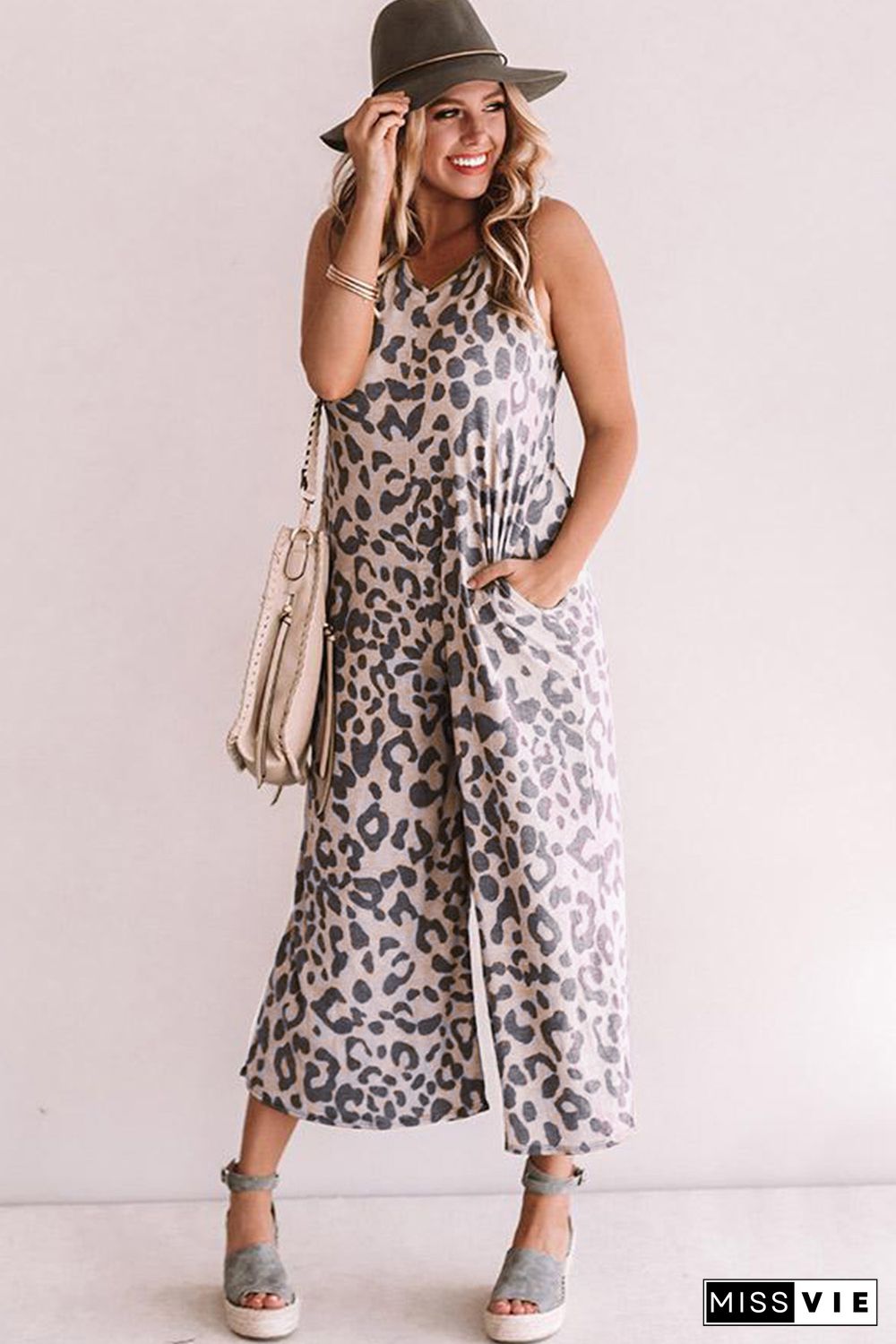 Leopard Leopard Print Pockets Wide Leg Sleeveless Jumpsuit