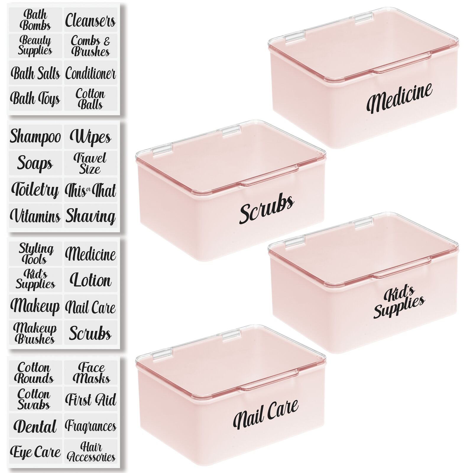 mDesign Stackable Plastic Storage Box with Hinged Lid - Organizer for Vitamins, Supplements, Essential Oils, Medicine, Bandages, First Aid Supplies - Pack of 4, Includes 32 Labels - Light Pink/Clear