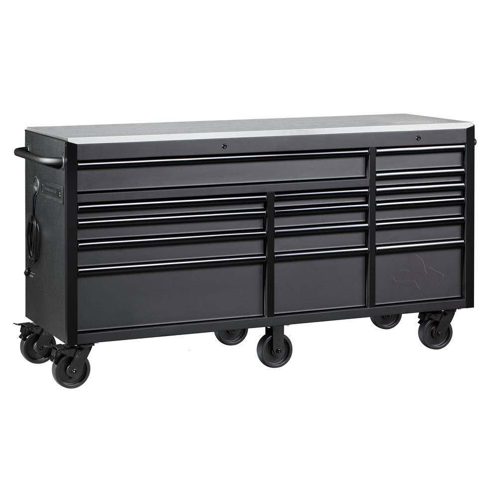 Husky 72 in. W x 24 in. D Heavy Duty 15-Drawer Mobile Workbench Cabinet Chest with Stainless Steel Top in Matte Black H72MWC15DL