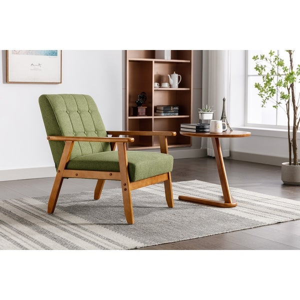 Modern Solid Wood Armrest Accent Chair， Mid-Century Linen Upholstered Button Lounge Chairs， for Livingroom Chair， Green