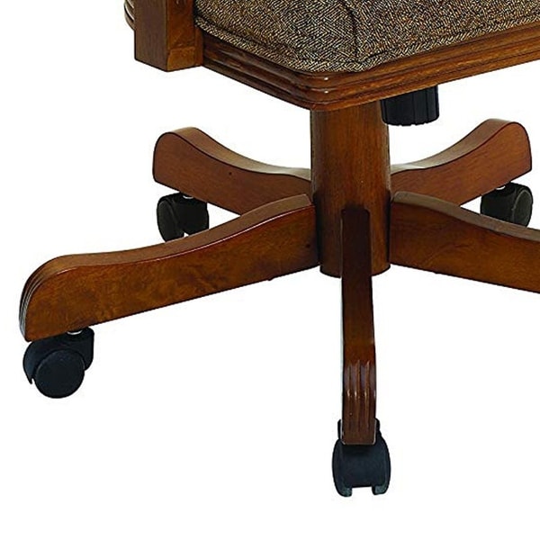 25 Inch Wood Arm Game Chair， Textured Fabric， Caster Wheels， Brown