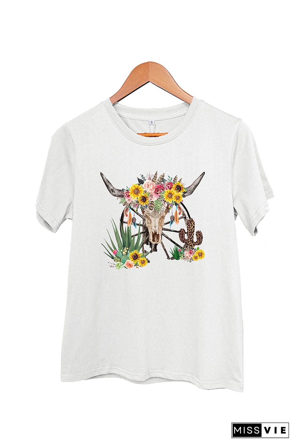 Wastern Cactuswith Rustic Cow Skull Short Sleeve Graphic Tee Wholesale