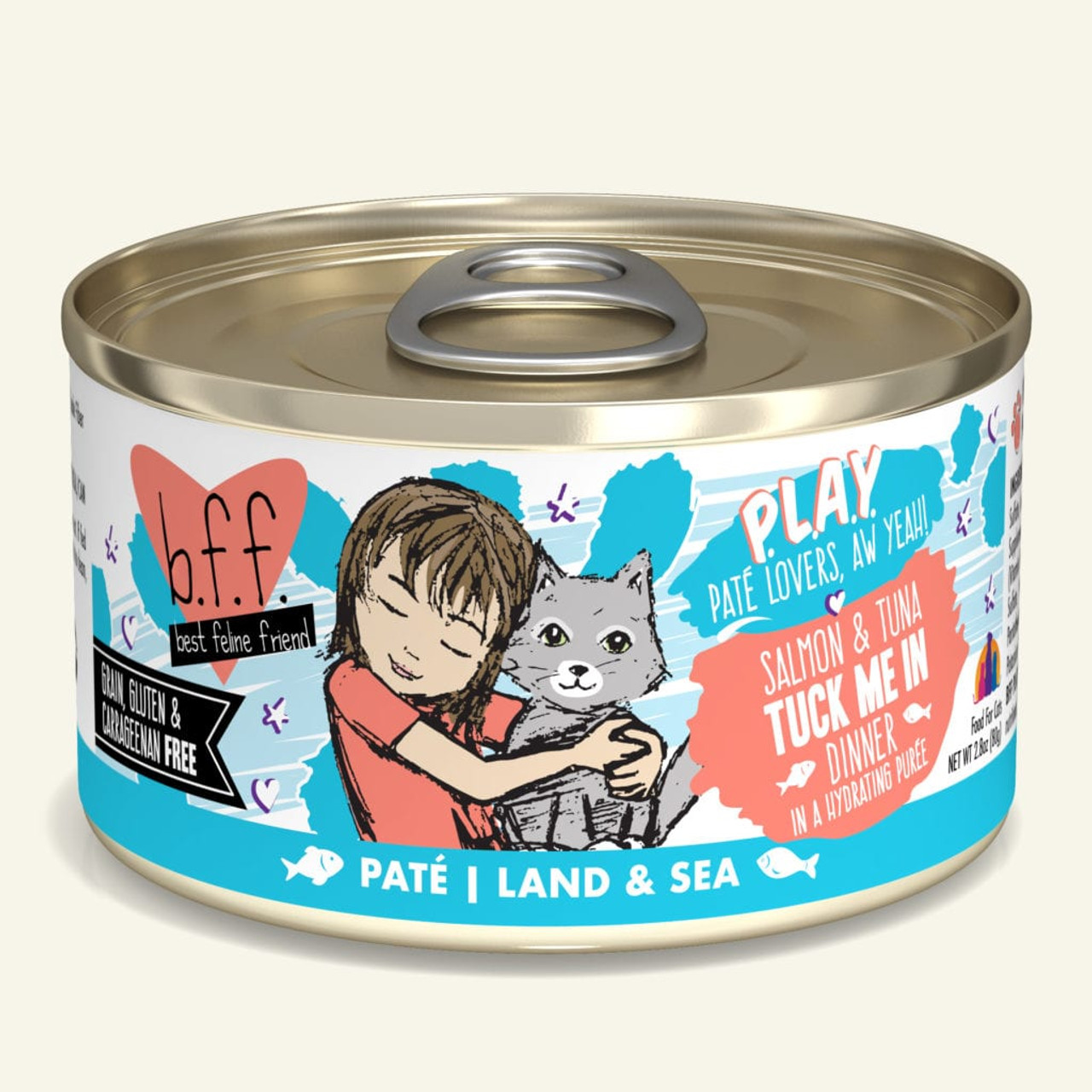 Weruva BFF Play Tuck Me In Land and Sea Salmon and Tuna Canned Cat Food， 2.8 Oz.