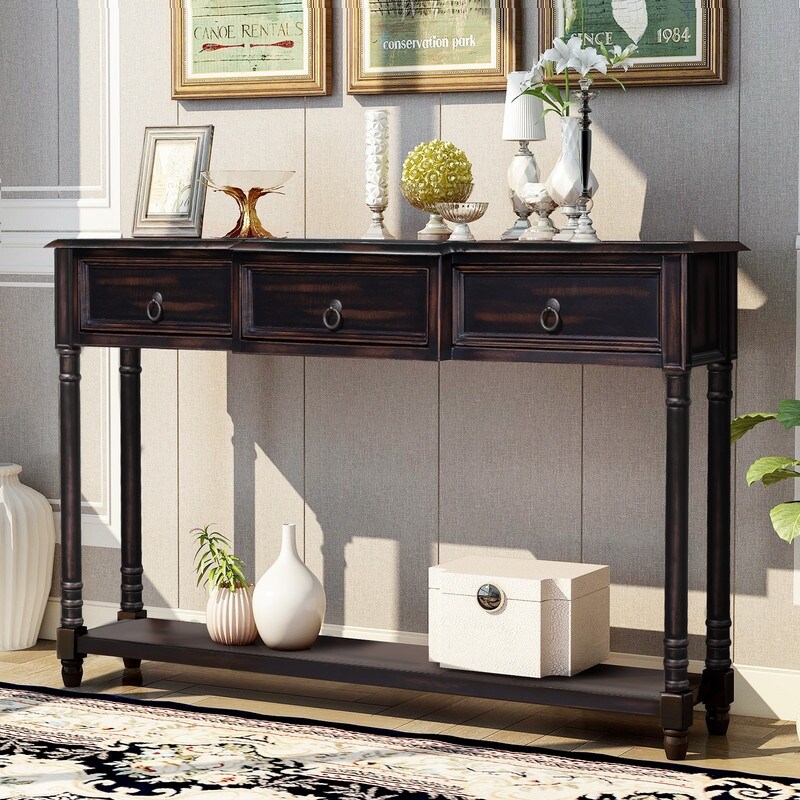 Rustic Solid Wood Console Table with Projecting Drawers and Long Shelf