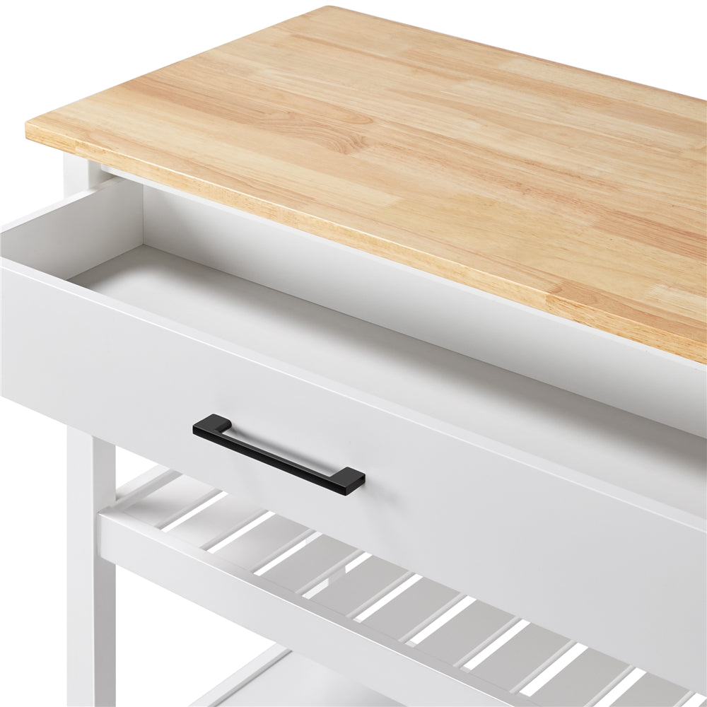 Yaheetech 3 Tier Rolling Kitchen Cart Island Cart on Wheels with Storage Shelf and Drawer Solid Wood Countertop， White