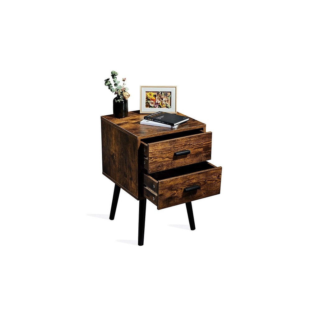 Mid Century Nightstand with 2 Storage Drawer  Industrial Side End Table  Rustic Bedside Table for Bedroom  Living Room