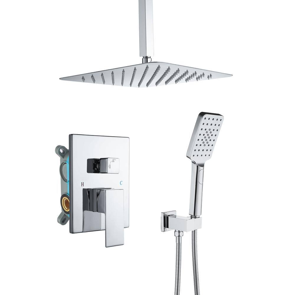 Mondawe Mondawell Square 3-Spray Patterns 12 in. Ceiling Mount Rain Dual Shower Heads with Handheld and Valve in Chrome MA-D98105CP