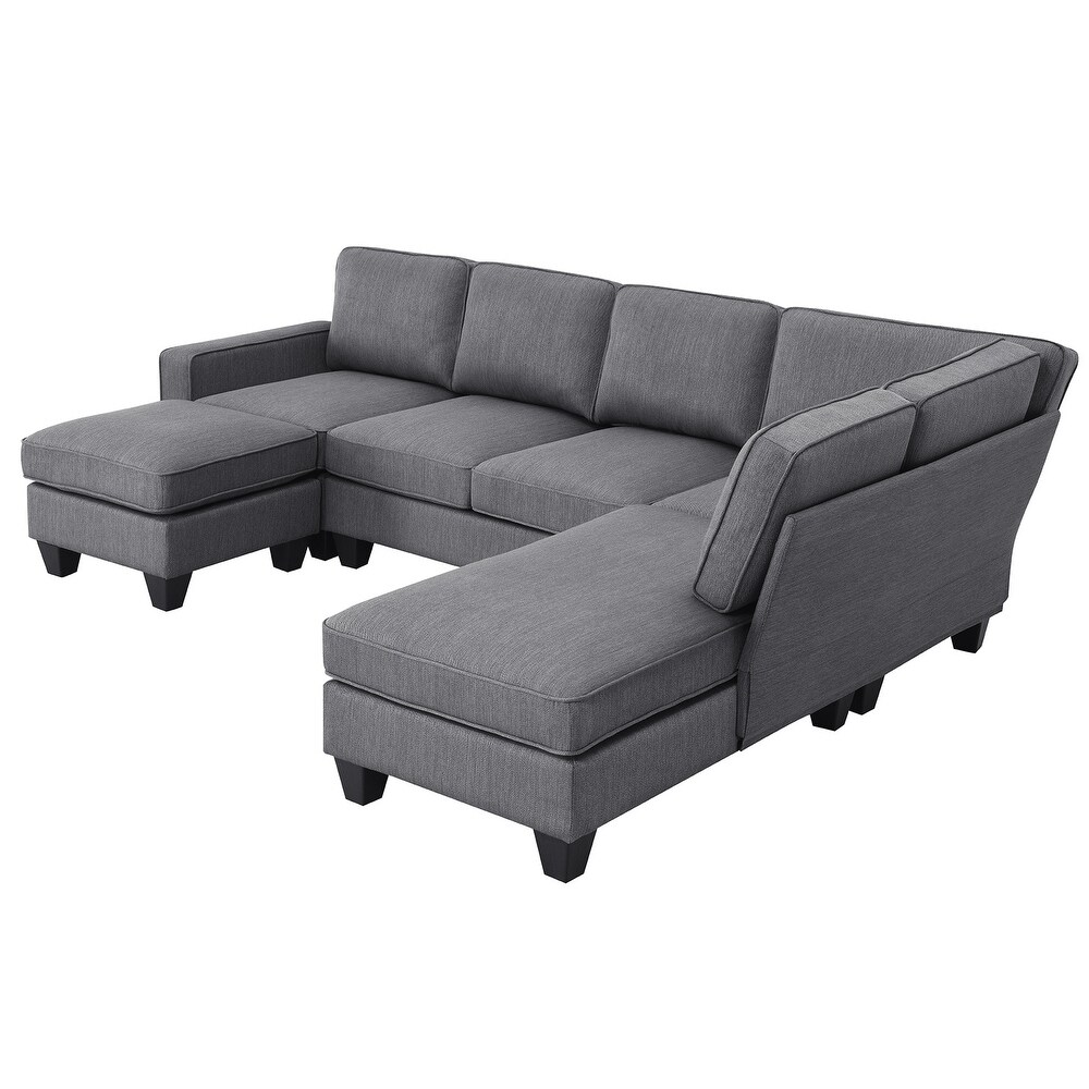 7 Seat Sectional Sofa Linen Fabric Couch Set with Ottoman