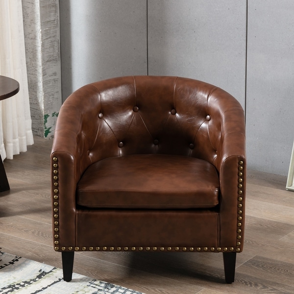 Tufted Barrel Chair for Living Room， Bedroom， Club(Leather or Linen)