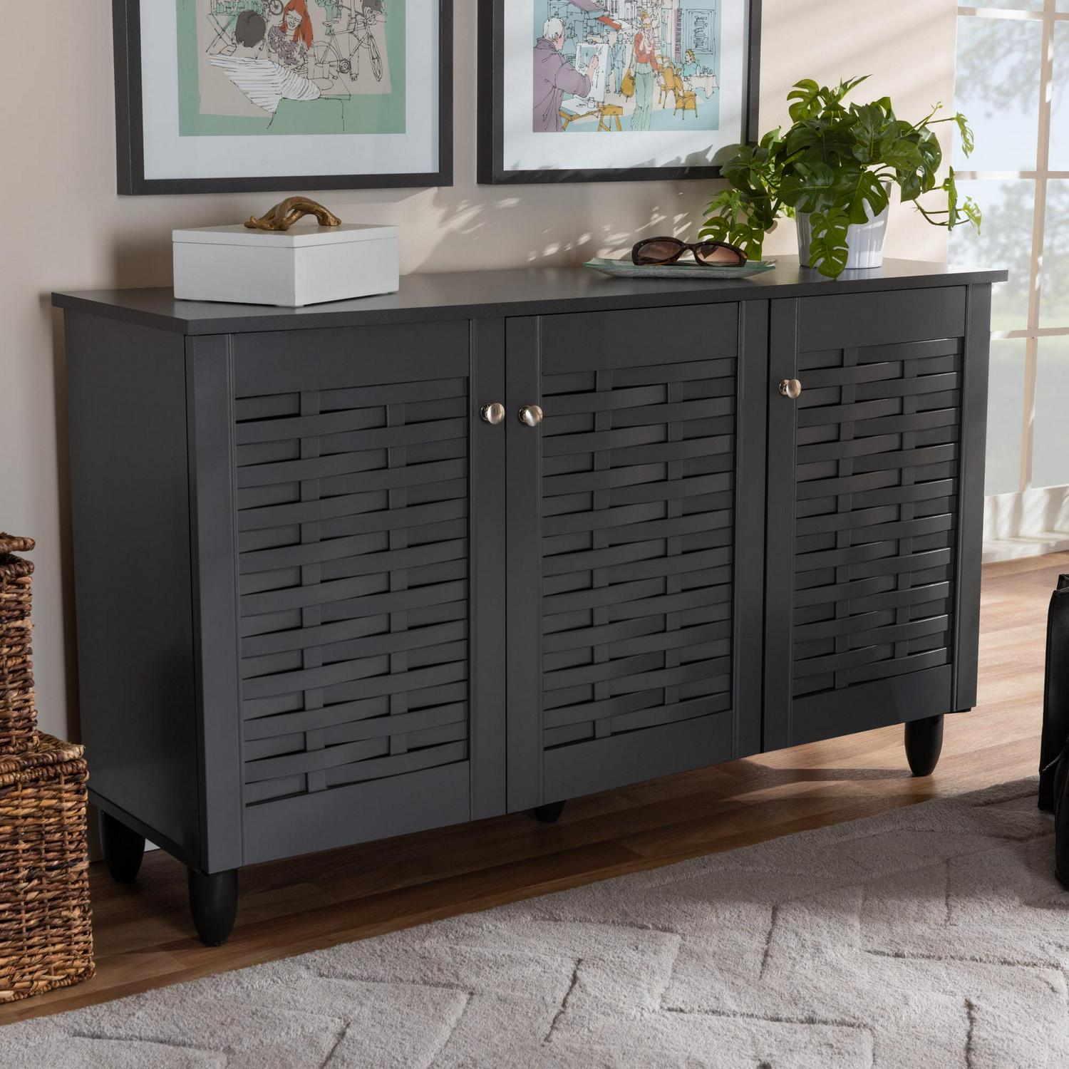 Baxton Studio Winda Modern and Contemporary Dark Gray 3Door Wooden Entryway Shoe Storage Cabinet  Crowdfused