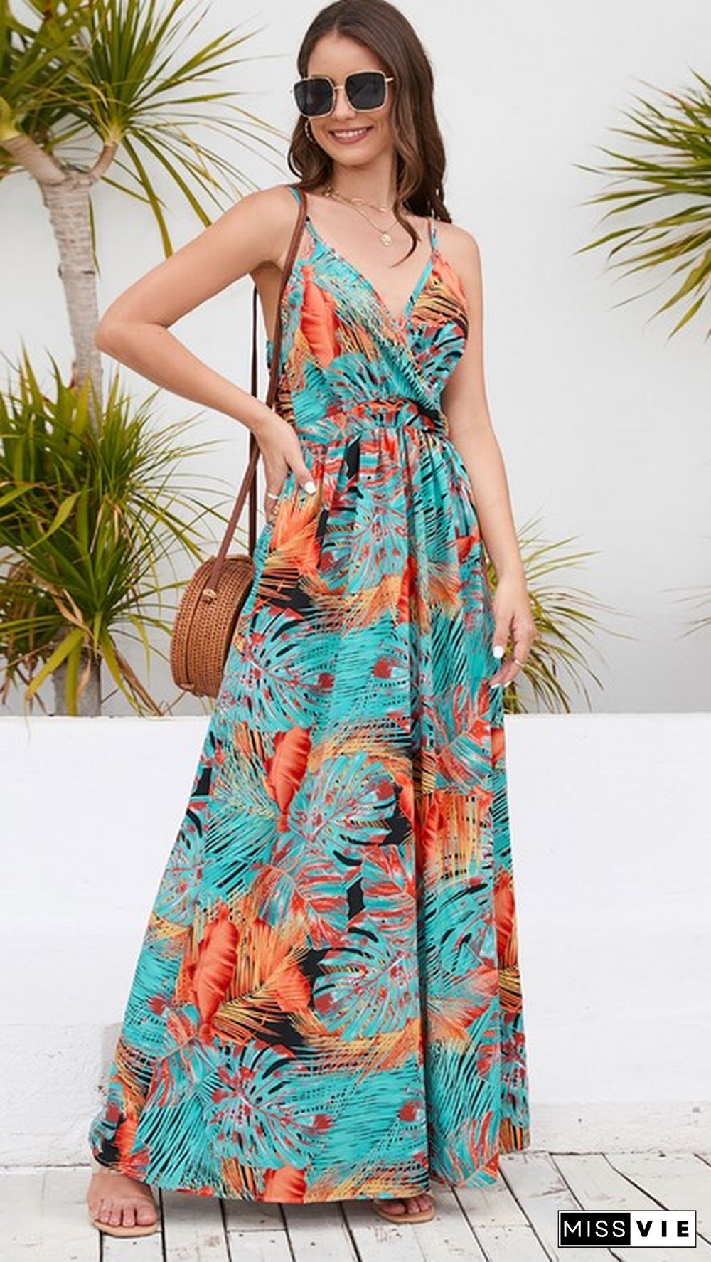 Wrap V Neck Abstract Print Cami Maxi Dress