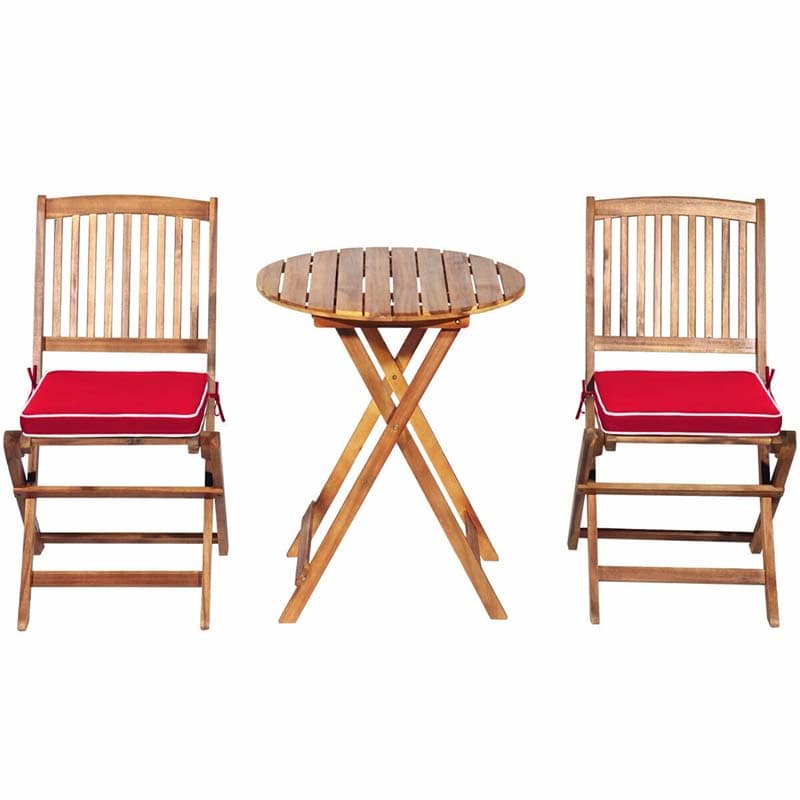 3 Pcs Acacia Wood Patio Folding Bistro Set Outdoor Chair Table Set with Padded Cushion & Round Coffee Table