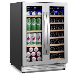 Nipus 24 in. Dual Zone 20-Wine Bottles and 60-Cans Beverage  Wine Cooler in Silver Two Shapes of Door Handle Blue LED Lights NPDUAL02