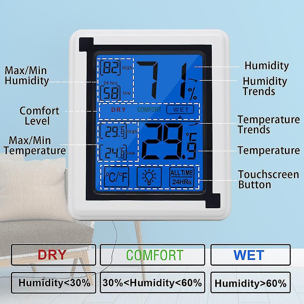 Thermometer Hygrometer With 4 Inch Large Backlight Lcd Touchscreen， Digital Temperature Humidity Monitor  For Nursery Room Greenhouse