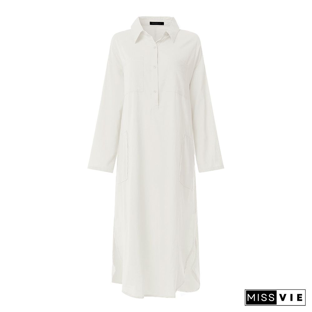 ZANZEA Elegant Women Spring Lapel Neck Long Sleeve Cotton Linen Dress Solid Sundress Long Shirt Dress Baggy Split Hem Vestido