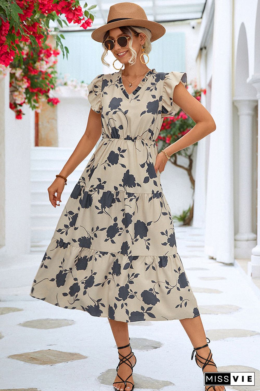 V Neck Ruffle Sleeves Splicing Floral Dress