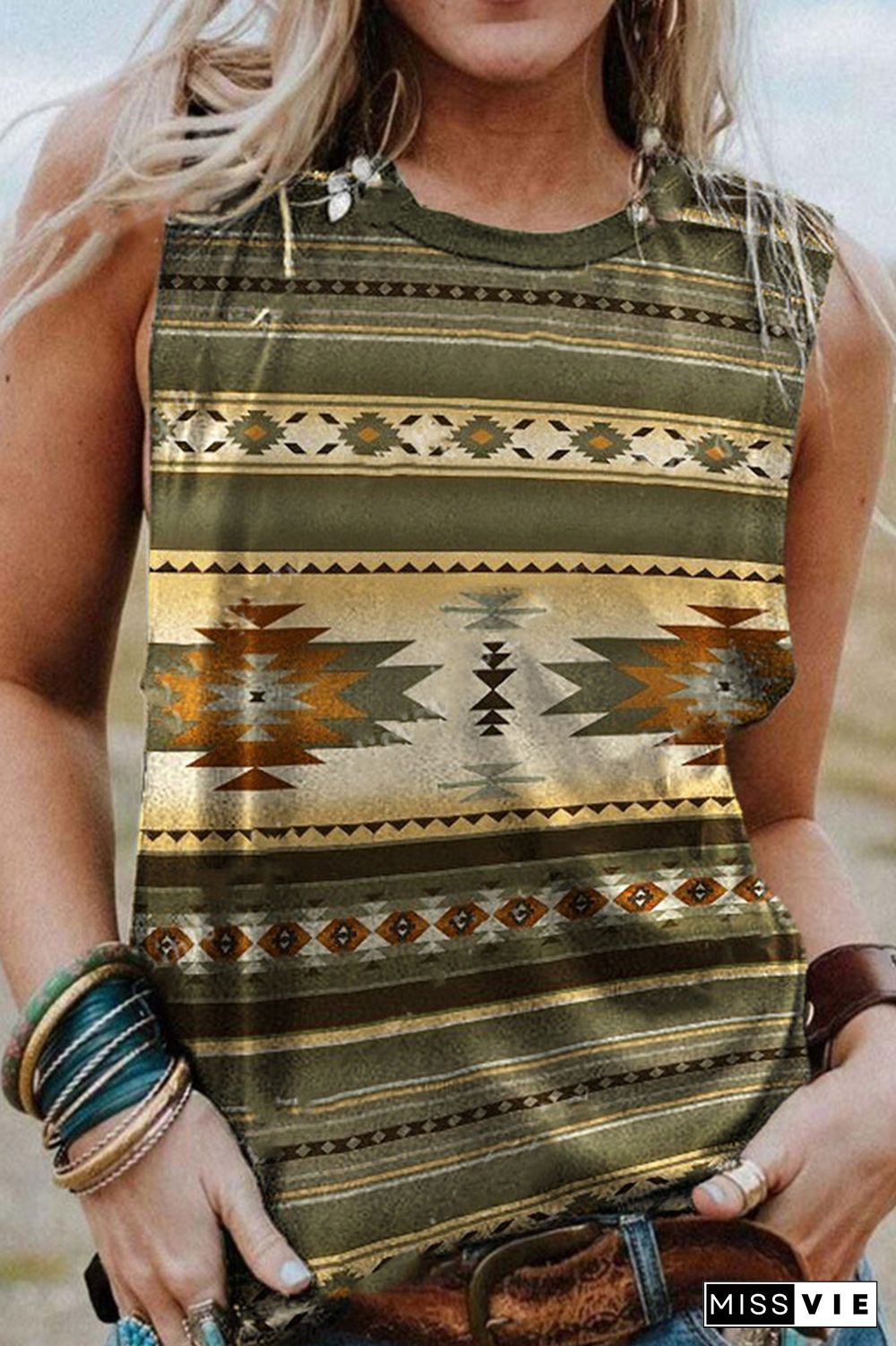 Green Aztec Western Print Tank Top