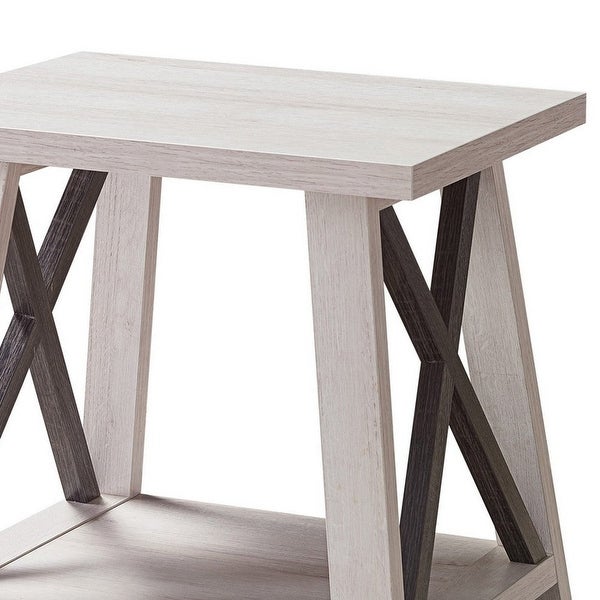 Tess 22 Inch Farmhouse End Table， 1 Shelf， Wood， White Oak， Distressed Grey - 20 L x 22 W x 22 H Inches