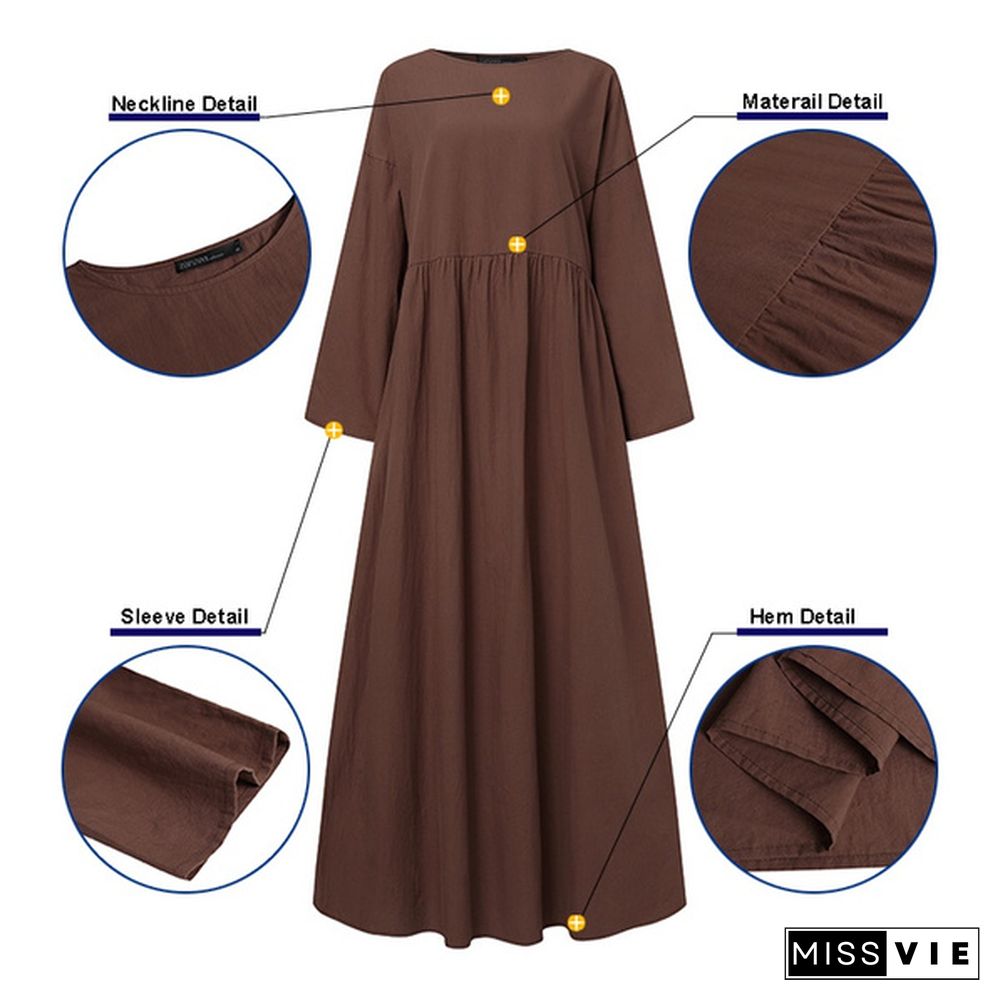 ZANZEA Women Autumn Long Sleeve Robe Solid Color Long Dress Casual Cotton Maxi Dresses