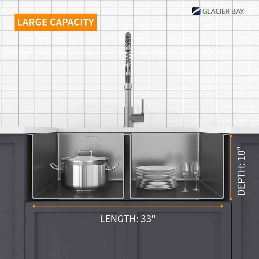 Glacier Bay Gunmetal Black Stainless Steel 33 in. 18-Gauge Double Bowl Farmhouse Kitchen Sink ACS3321A2Q