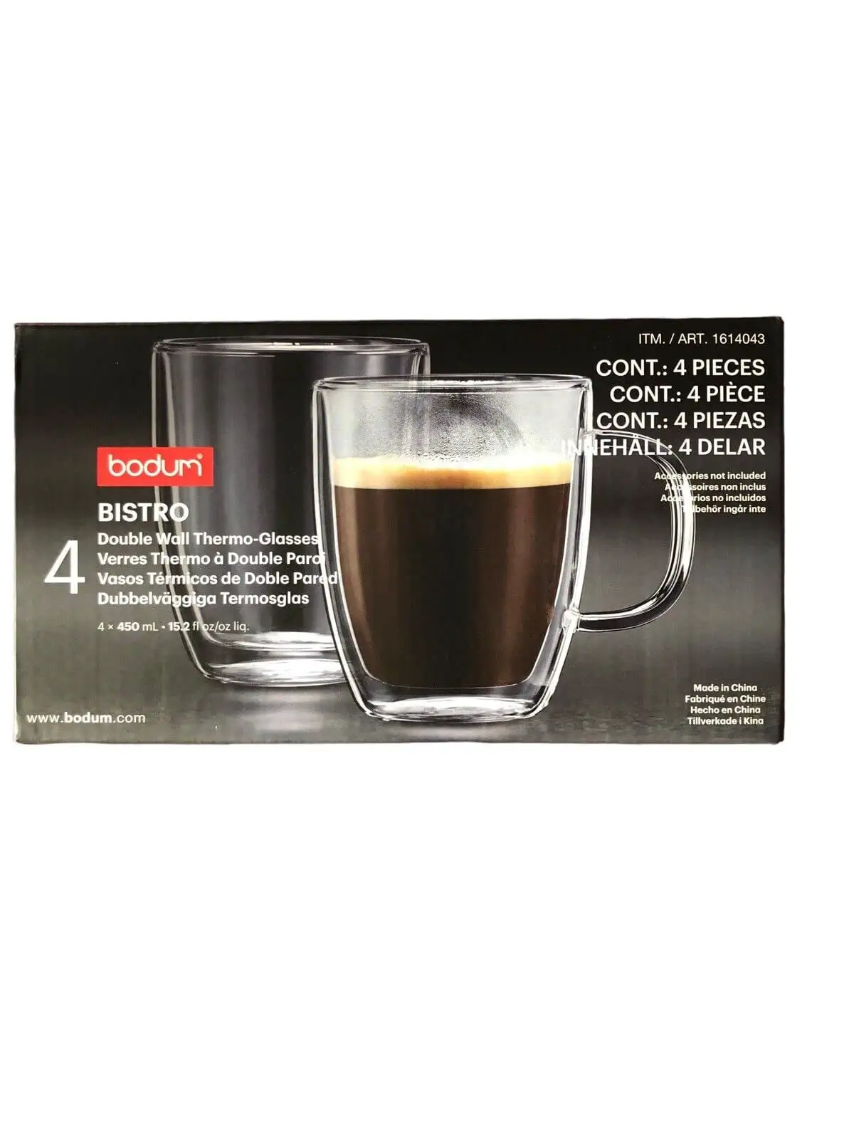 Bodum Bistro Double Wall Thermo-Glasses Coffee Mug Set， 15 Ounce， Clear (4-pack)