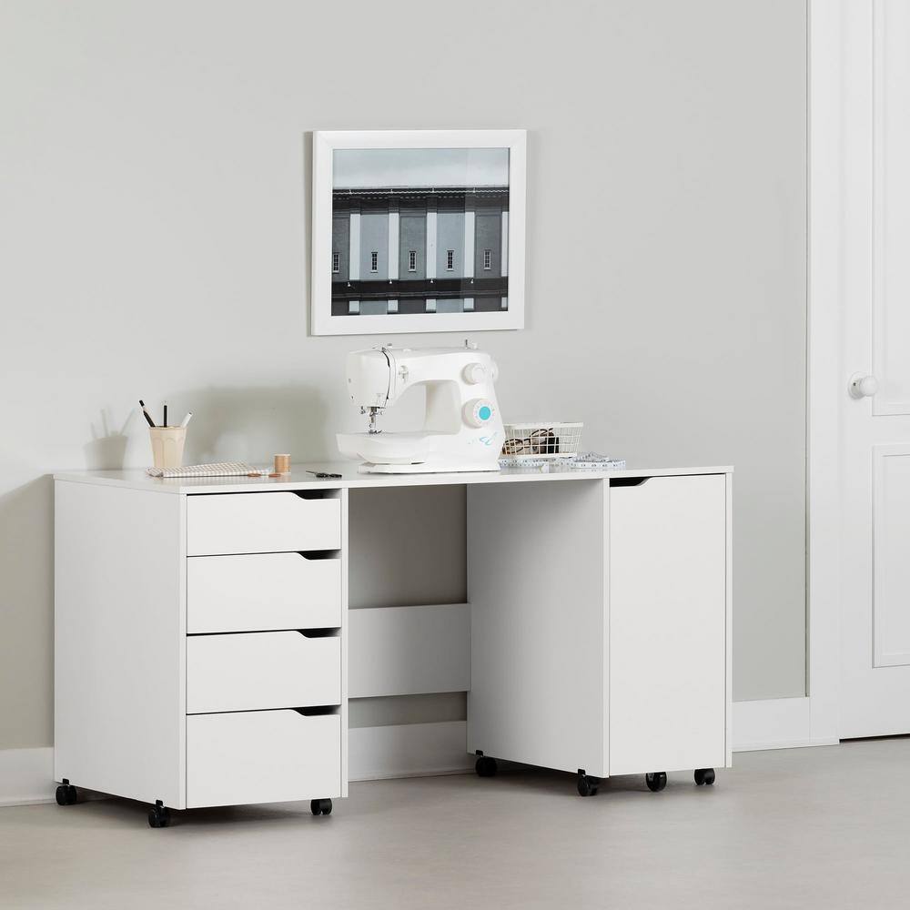 South Shore 58.12 in. Pure White Rectangular 4 -Drawer Writing Desk with Casters 7550728