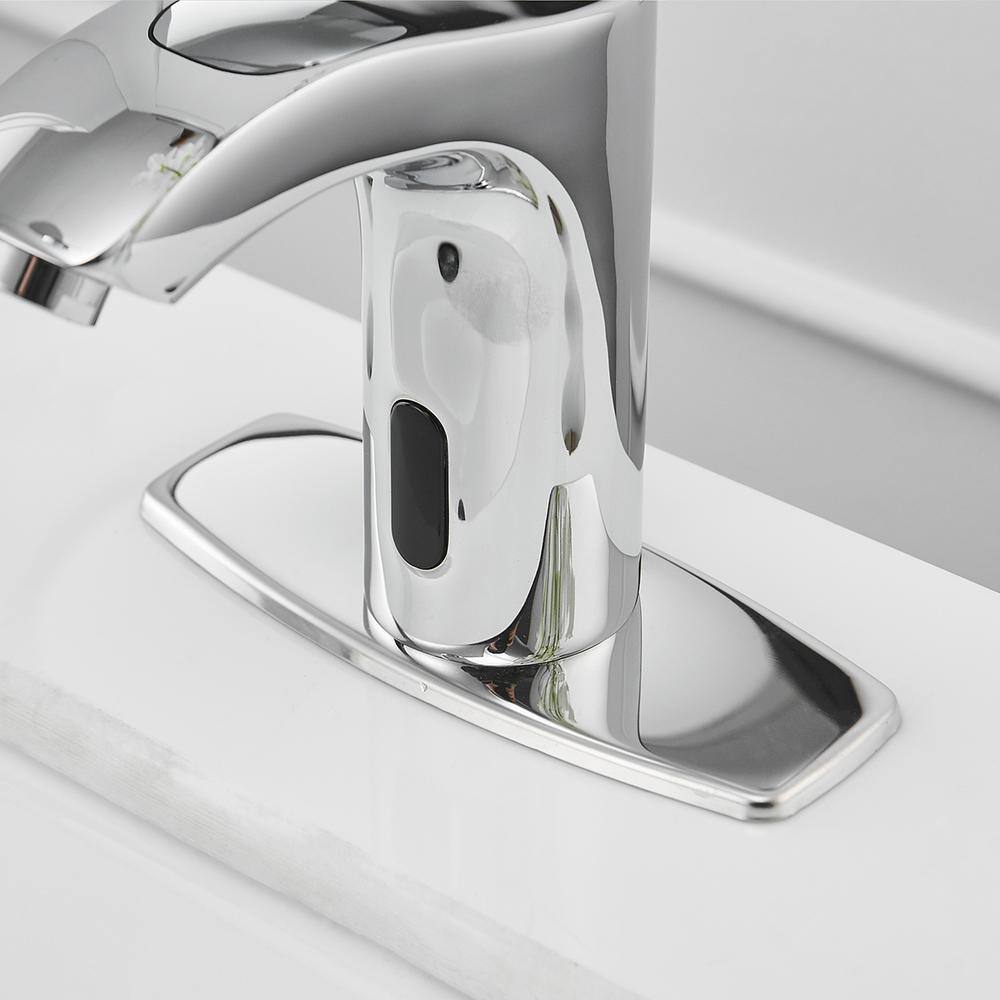 BWE Battery Powered Touchless Single Hole Bathroom Faucet With Deckplate Included and Pop Up Drain In Polished Chrome A-918107