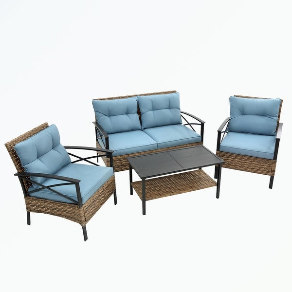 4 piece sectional rattan wicker corner sofa set with cushion - Overstock - 37505285