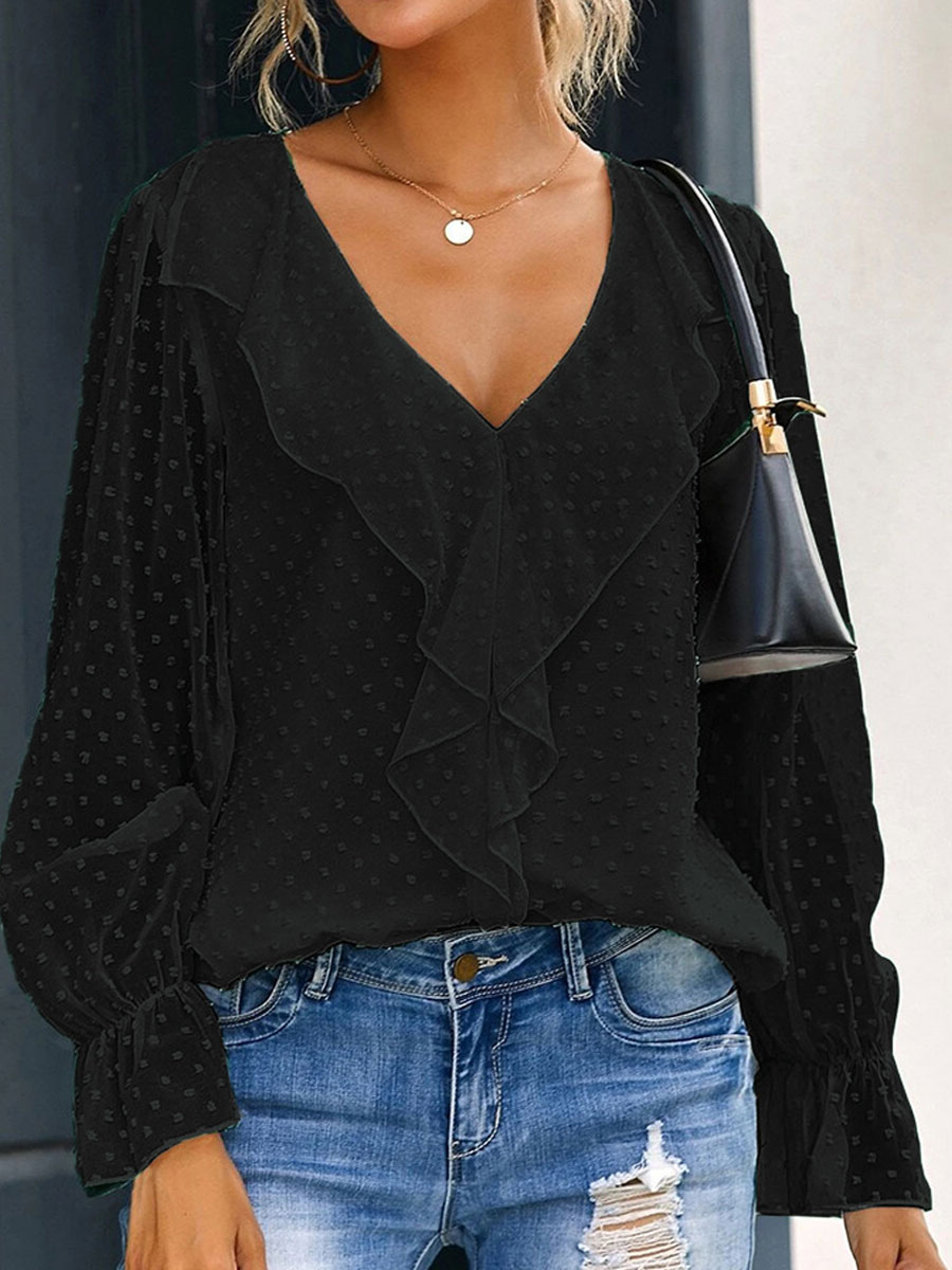 V-neck Casual Loose Jacquard Long-sleeved Blouse