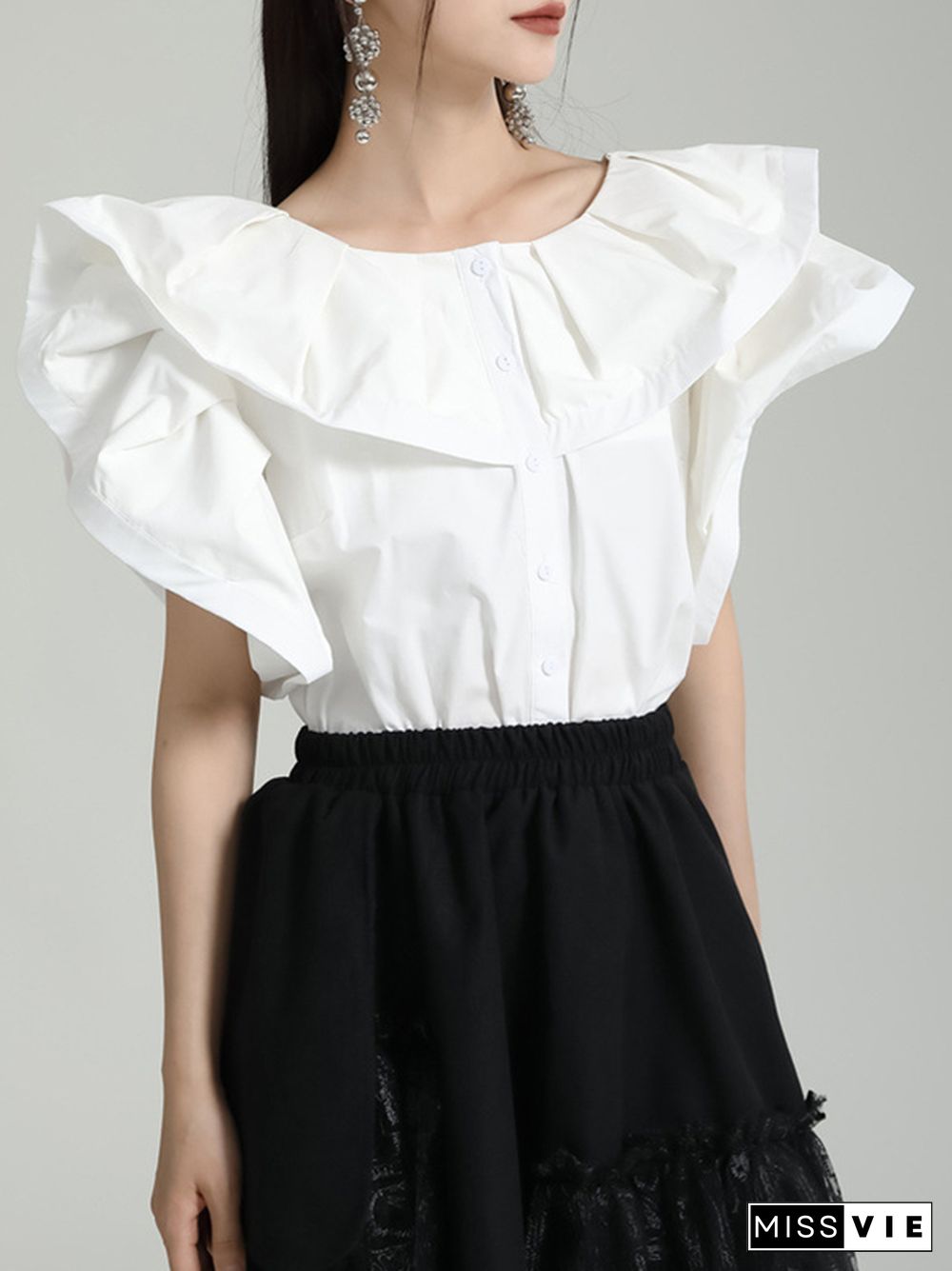 Loose Short Sleeves Falbala Pleated Solid Color Split-Joint Round-Neck Blouses