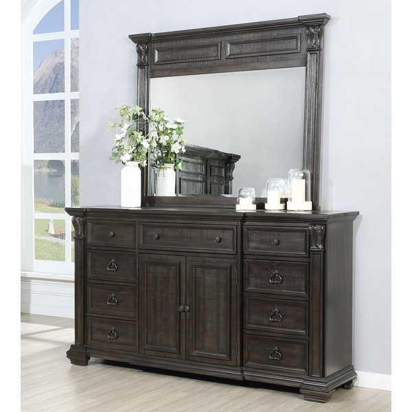 Roundhill Furniture Farson Distressed Dark Walnut Finish Wood Panel Bed， Dresser， Mirror， Two Nightstands - - 33084959