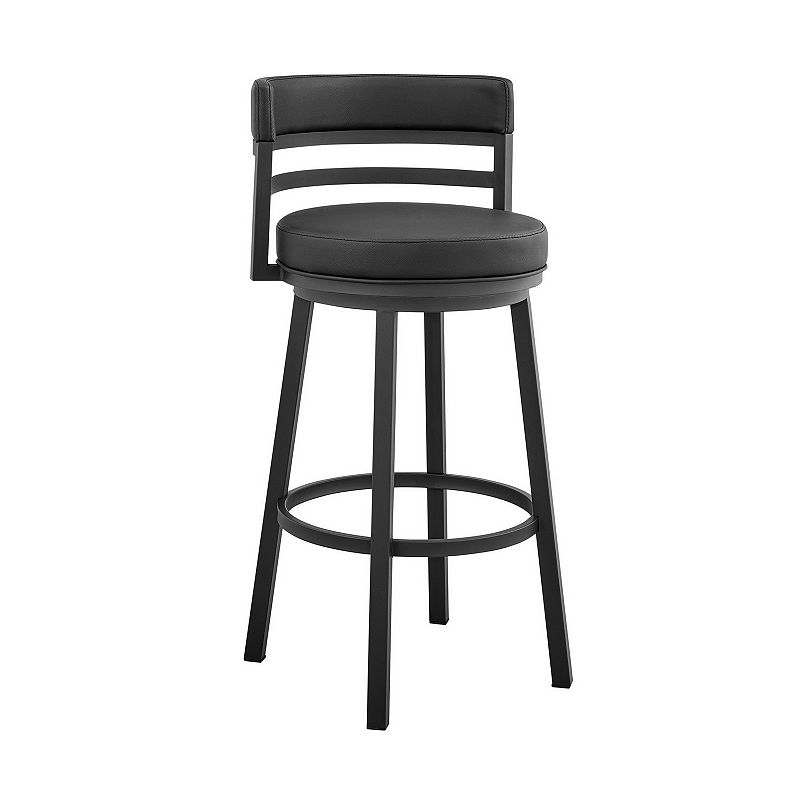 Maxi 30 Inch Modern Swivel Bar Stool， Round Footrest， Faux Leather， Black