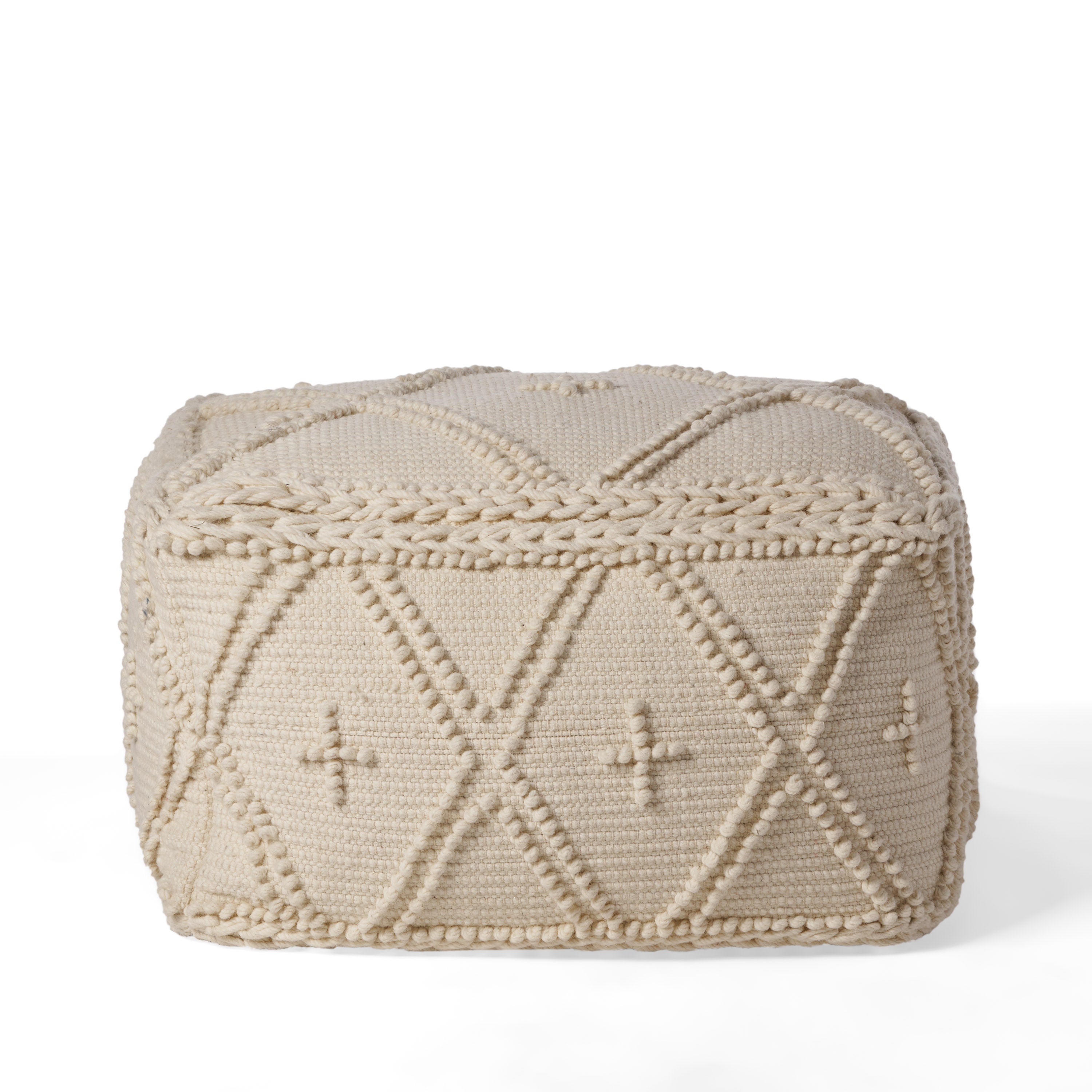 Nina Large Square Casual Pouf, Boho, White Wool and Cotton