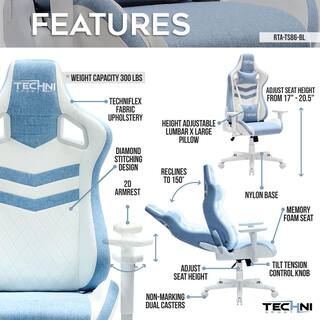 Techni Sport TS86 Blue Ergonomic Pastel Fabric Gaming Chair with Adjustable Arms RTA-TS86-BL