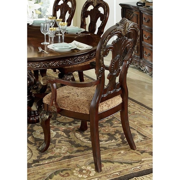 Wood-Fabric Arm Chair with Deep Engraved Design， Brown and Beige (Set of 2)