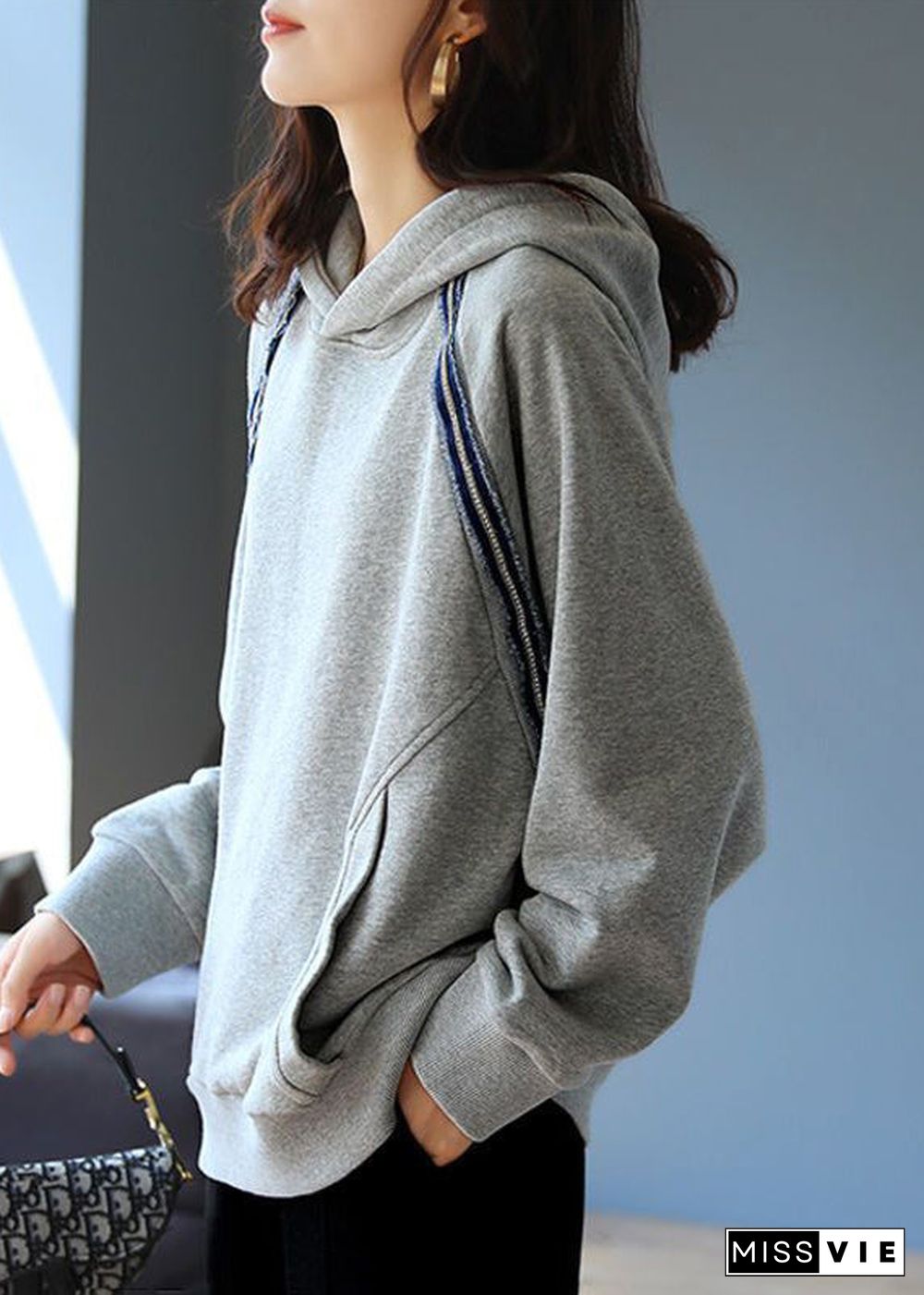 Modern Grey Hooded Pockets Cotton Pullover Sweatshirt Fall