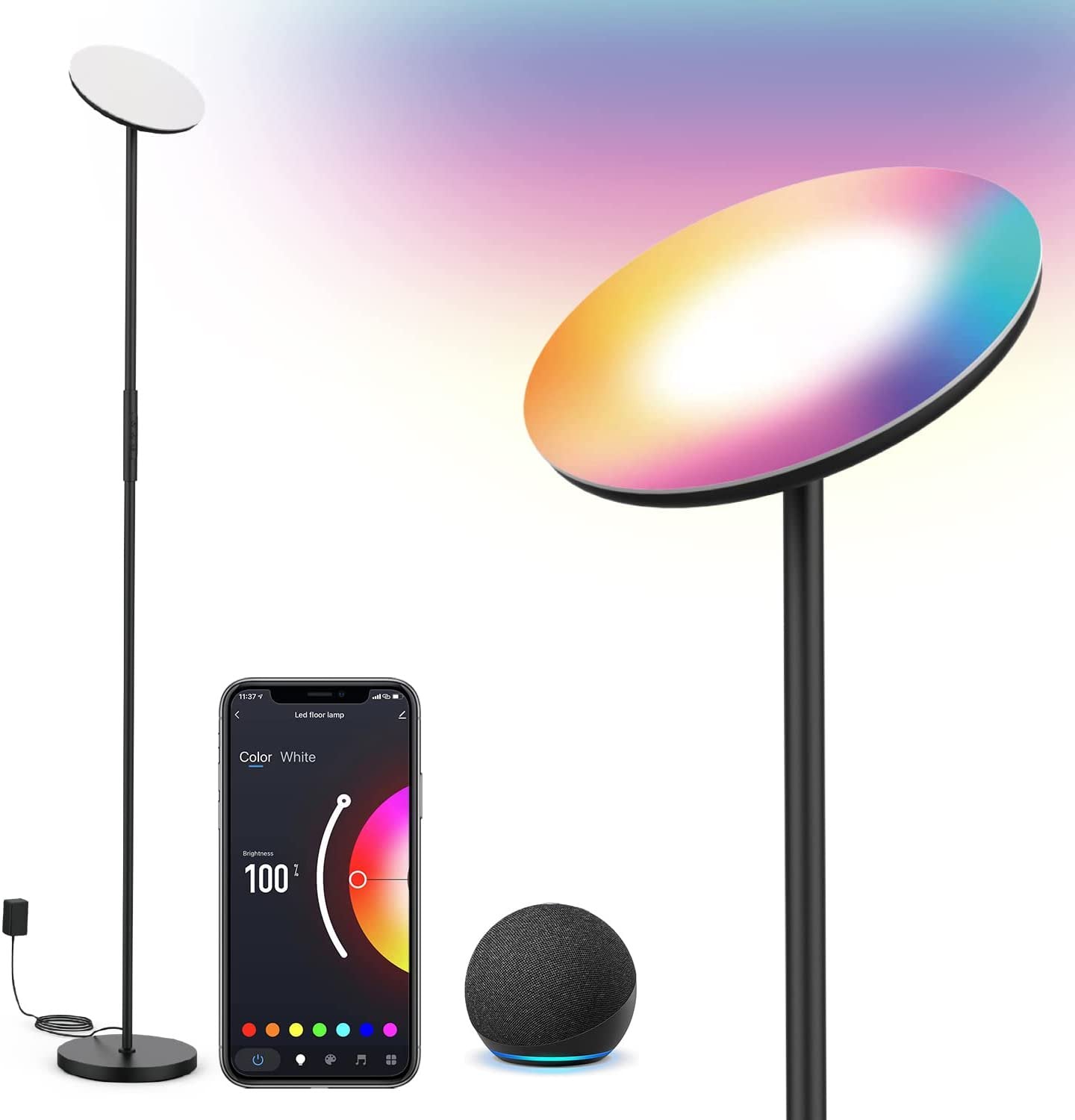 SUNTHIN Smart Floor Lamp, WiFi Standing Lamp Compatible with Alexa & Google Home, 24W RGBW LED Dimmable Torchiere Lamp for Bedroom, Living Room, Office, Reading Room