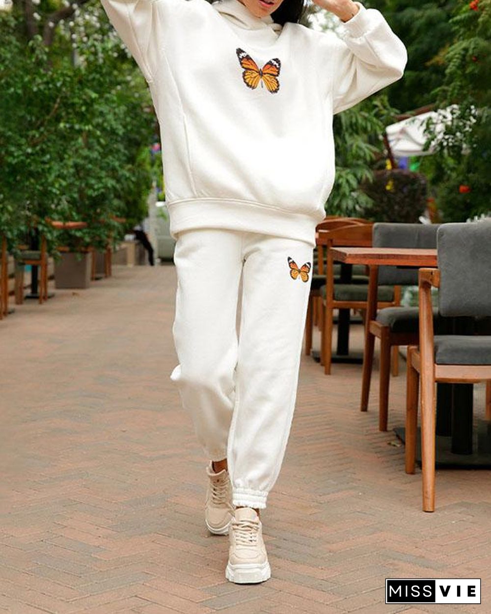 Women Fleece Tracksuits 2 Pieces Sets Oversize Butterfly Print Hoodie&Sweatpants