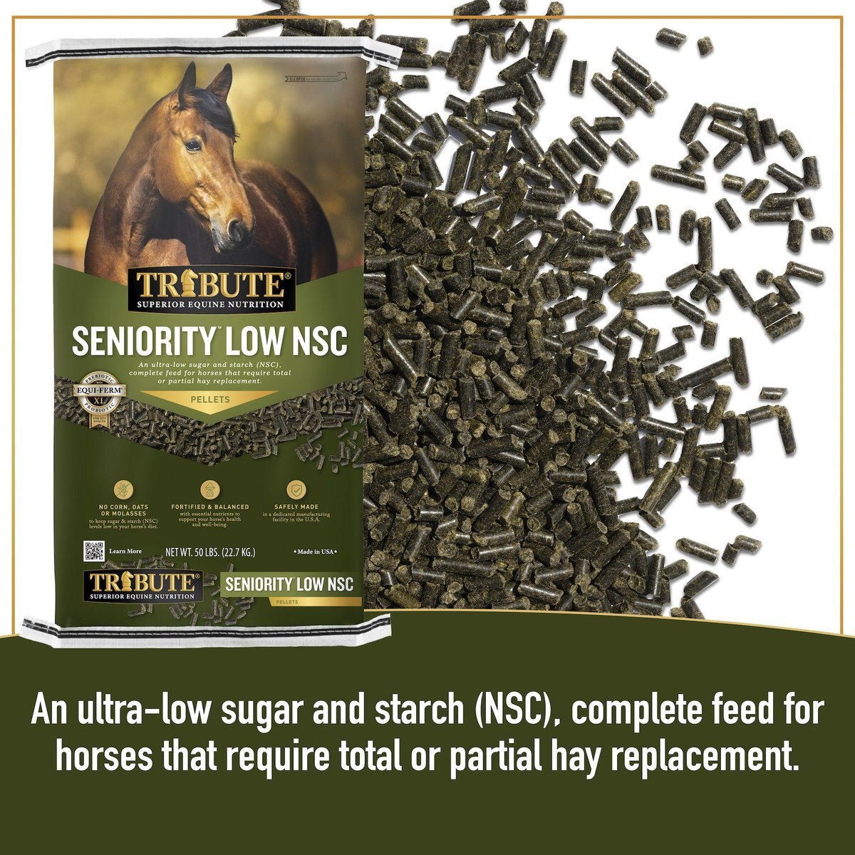 Tribute Equine Seniority Low NSC Pellet for All Horses， 50-lb bag