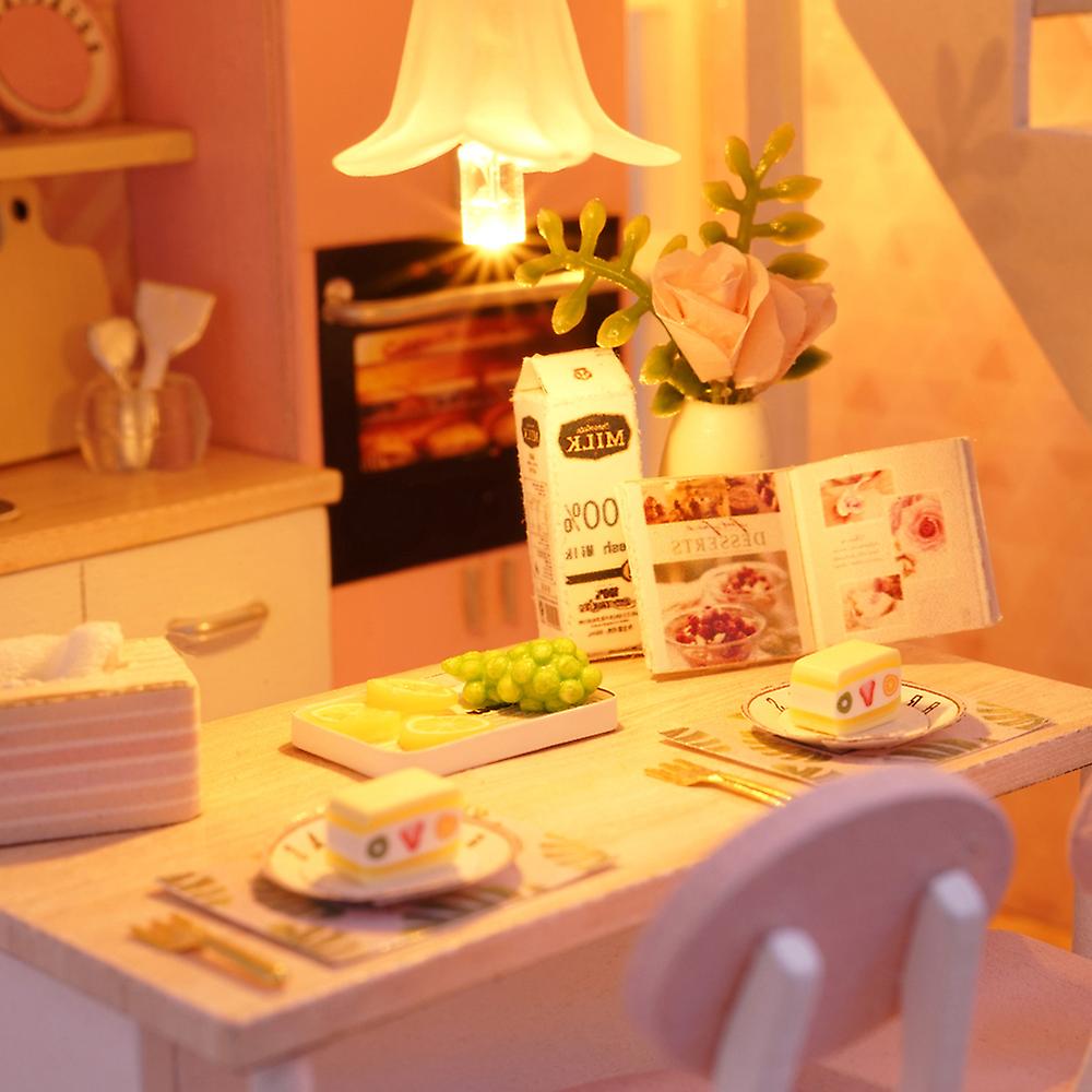 Diy Miniature Loft Dollhouse Kit Realistic Mini 3d Pink Wooden House Room Toy With Led Lights Dust Cover No.329519