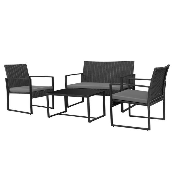 4 Pieces Patio Conversation Sets PE Rattan Chairs with Loveseat and Table - Overstock - 35765538