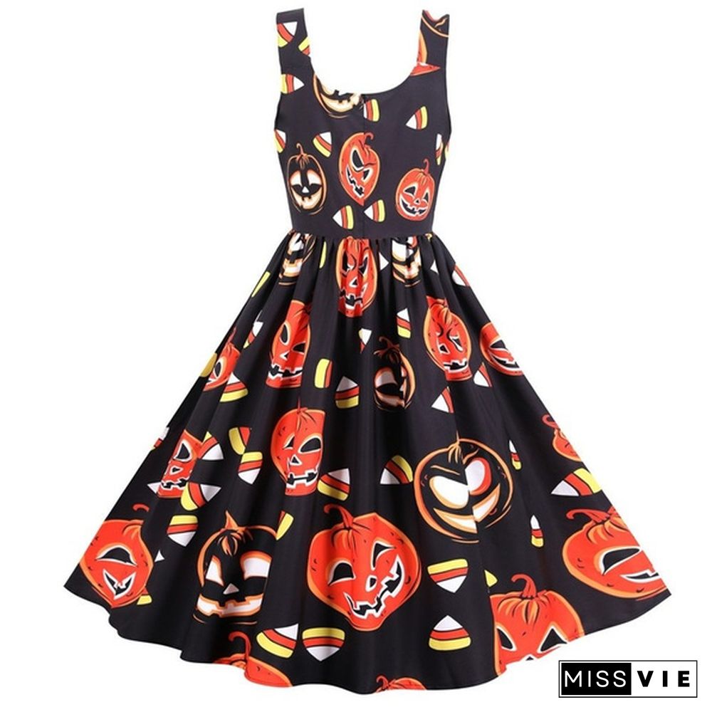 Women Halloween Party Dress Sleeveless Skull Pumpkin Printed Swing Dress