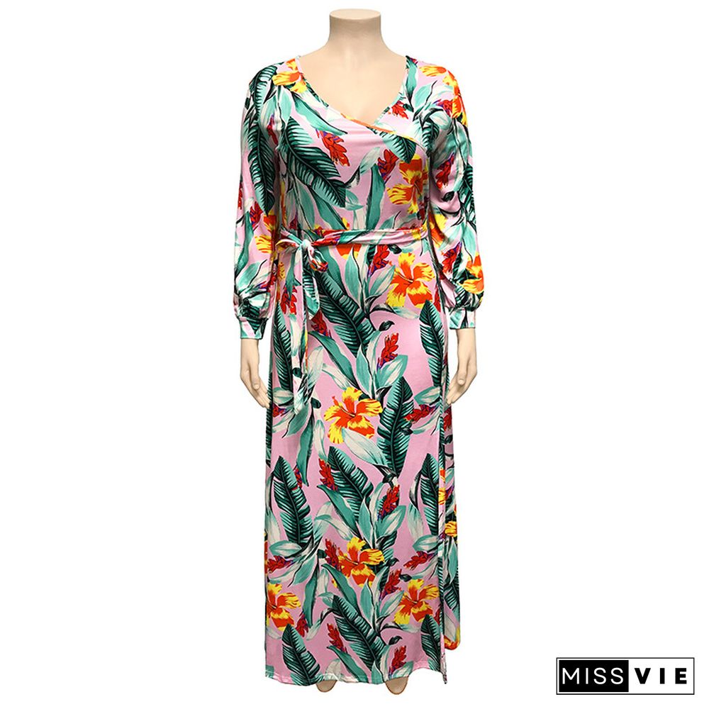 Sexy Deep V Printing Split Hem Plus Size Long Dress