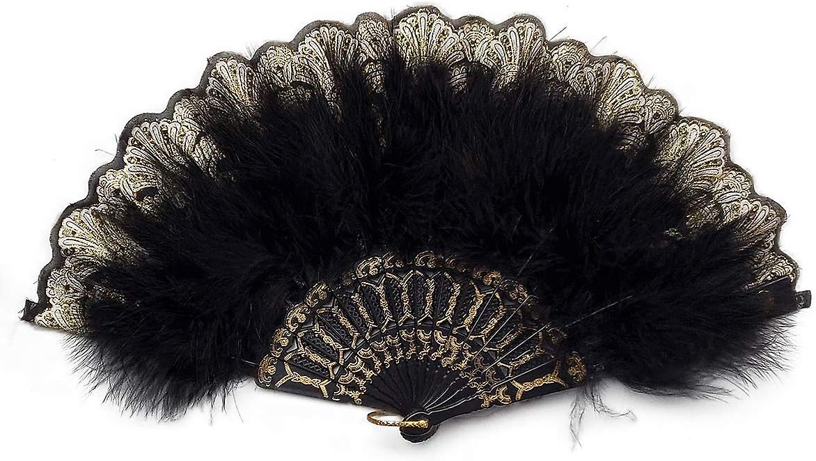 Embroidered Flower Feather Fan With Fringe Pendant， 1920s Vintage Style Flapper Hand Fan For Costume Party Dancing-black