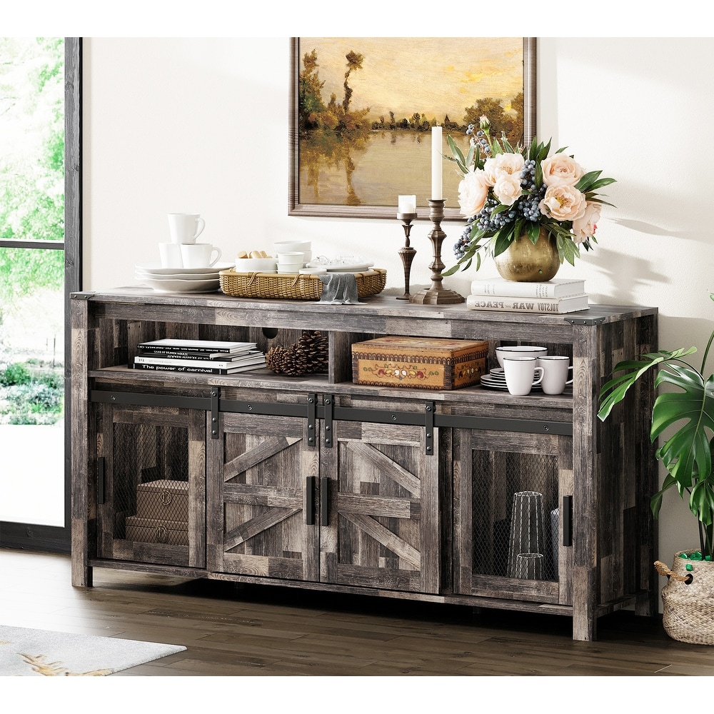 Farmhouse Coffee Bar Table with Sliding Barn Doors for Kitchen  59\