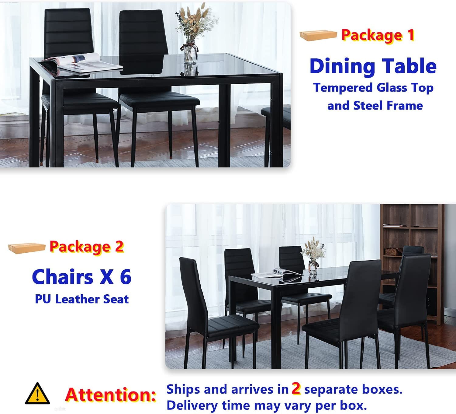 HOMFY 7 Piece Kitchen Dining Table Set for 6, Glass Tabletop Dining Table and 6 Faux Leather Chairs