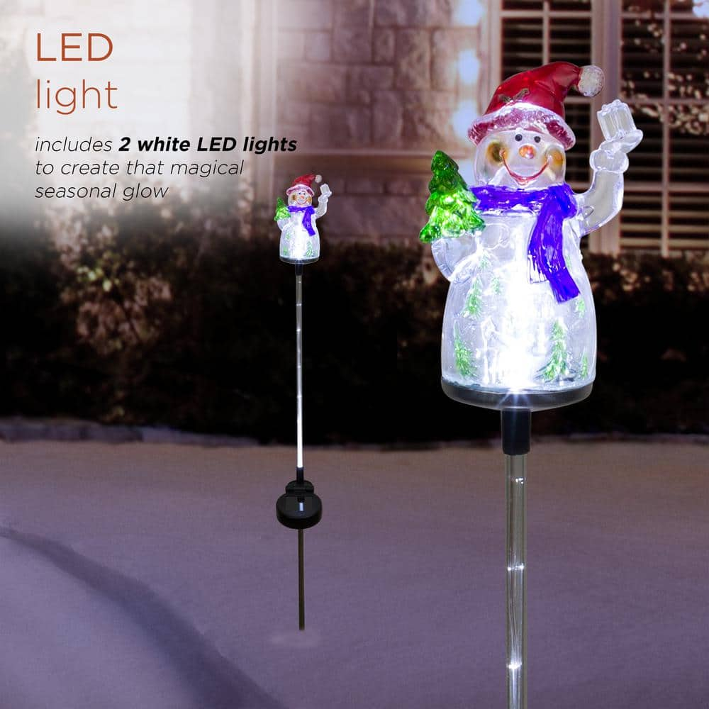 Alpine Corporation 34 in. Tall Solar Snowman Fiber Optic Garden Stake with LED Lights, Set of 2 QLP1103SLR-2