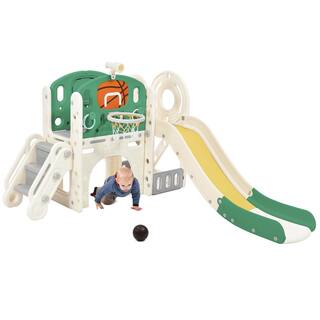 7-In-1 Green HDPE Playhouse with Slide Arch Tunnel Ring Toss and Basketball Hoop LN20232353